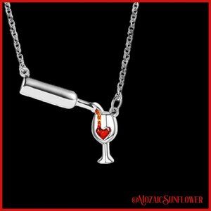 Silver Wine Bottle and Glass with Red Heart CZ O Link Chain with Extender